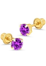 handsome yellow gold 4mm round basket February birthstone baby earrings